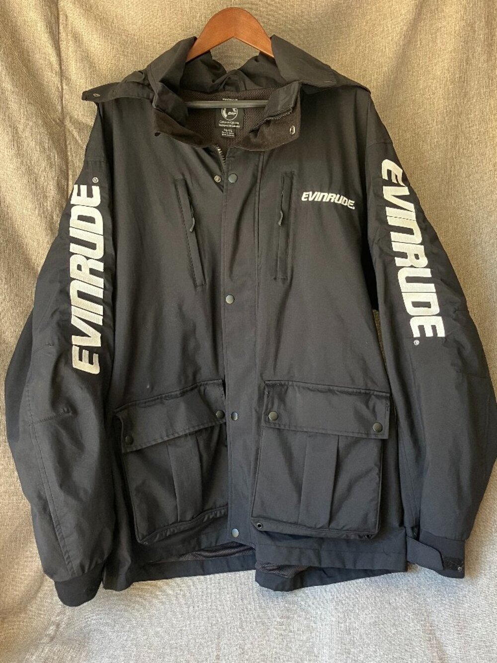 Evinrude BRP Mens XL Hooded Technical Shell Jacket Black Full Zip Removable Hood